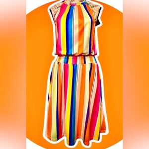 Arach & Cloz NWT Dress Hauter style/back Tie Vibrant Colorful Multi Striped Sz M